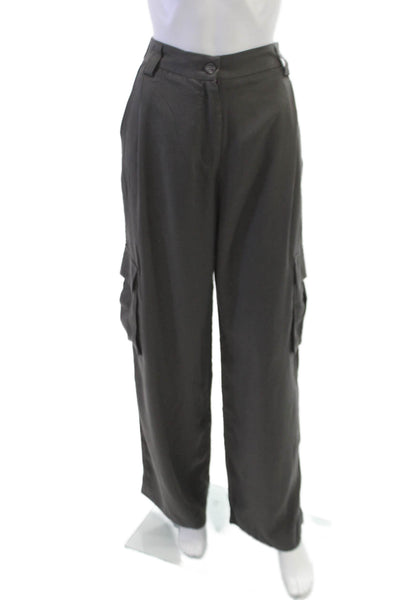 Allfenix Women Cargo Pants Gray Tencel Button Inseam 30 Size L