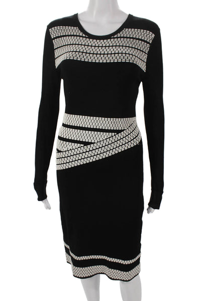 Shoshanna Womens Sweater Dress Black Geometric Long Sleeve Midcalf Rayon Size S