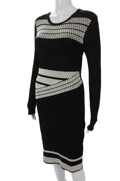 Shoshanna Womens Sweater Dress Black Geometric Long Sleeve Midcalf Rayon Size S