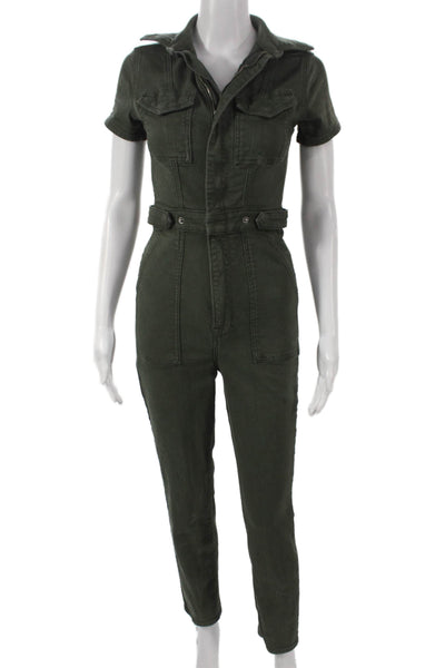 Good American Womens Green Short Sleeve Jumpsuit Zip 66% Cotton Size 1