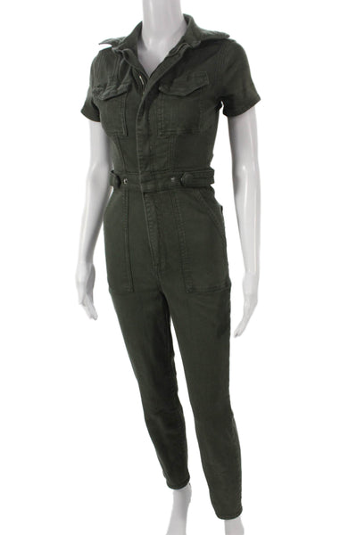 Good American Womens Green Short Sleeve Jumpsuit Zip 66% Cotton Size 1
