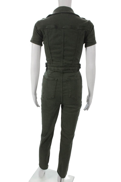 Good American Womens Green Short Sleeve Jumpsuit Zip 66% Cotton Size 1