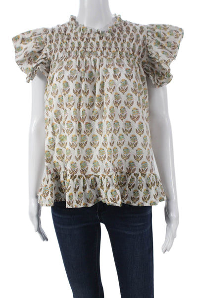 NIBI-MTK Womens Floral Cotton High Neck Button Short Sleeve Blouse Size M