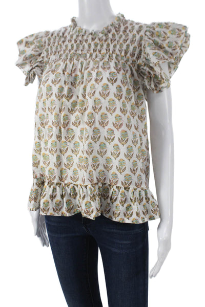 NIBI-MTK Womens Floral Cotton High Neck Button Short Sleeve Blouse Size M