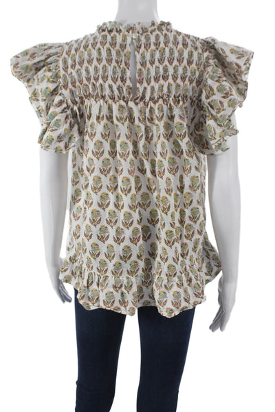 NIBI-MTK Womens Floral Cotton High Neck Button Short Sleeve Blouse Size M