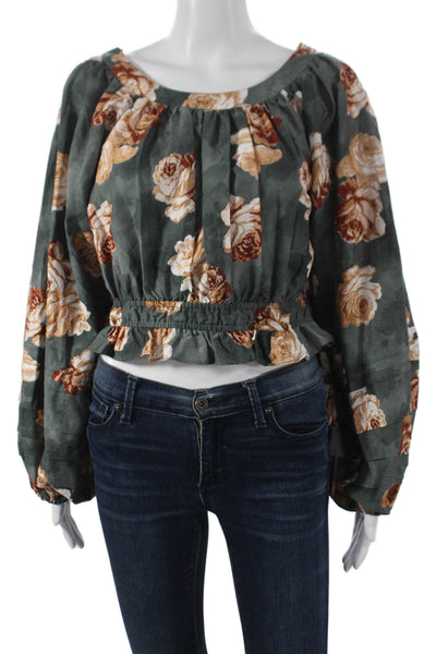 The Westside Women Cropped Silk Floral Blouse Scoop Neck Long Sleeve Size XS
