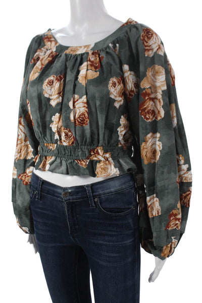The Westside Women Cropped Silk Floral Blouse Scoop Neck Long Sleeve Size XS