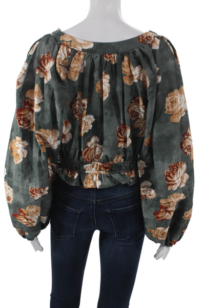 The Westside Women Cropped Silk Floral Blouse Scoop Neck Long Sleeve Size XS