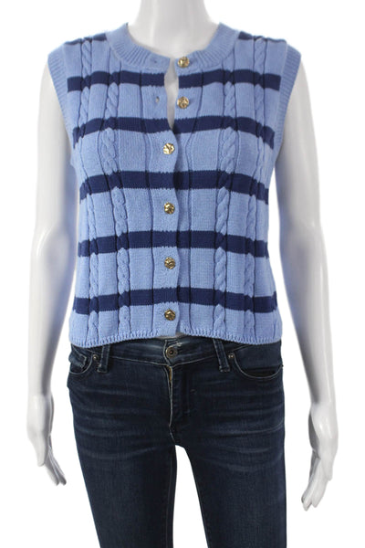 Zara Womens Striped Cotton Sleeveless Cardigan Blue Round Neck Size S