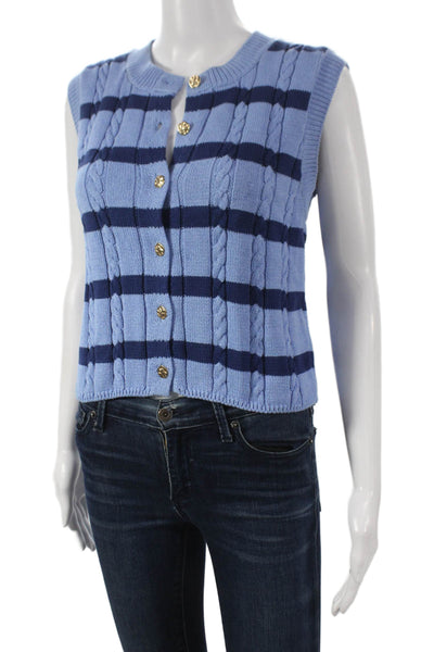 Zara Womens Striped Cotton Sleeveless Cardigan Blue Round Neck Size S