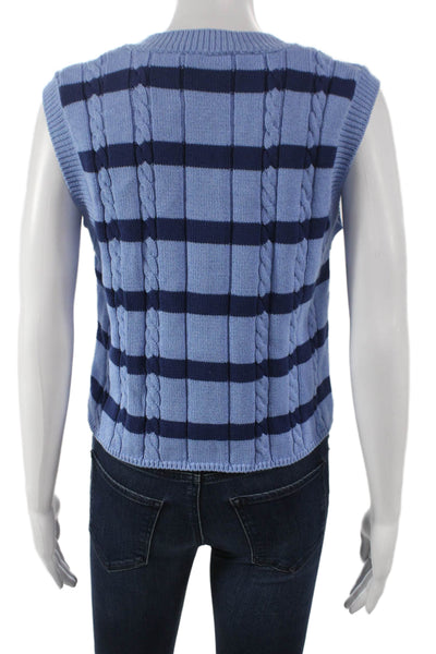 Zara Womens Striped Cotton Sleeveless Cardigan Blue Round Neck Size S