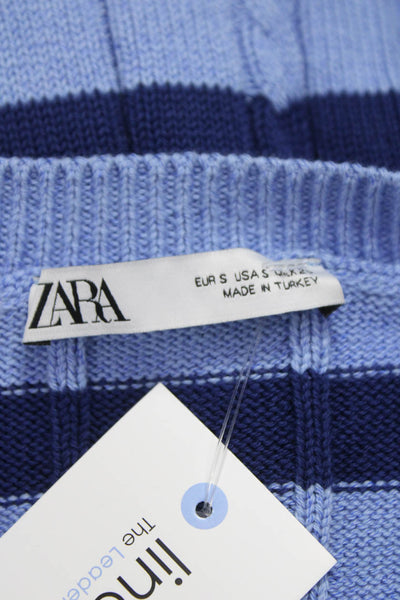 Zara Womens Striped Cotton Sleeveless Cardigan Blue Round Neck Size S