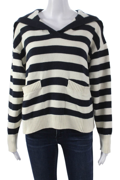 Zara Womens Striped V-Neck Cotton Pullover Sweater Black Long Sleeve Size S