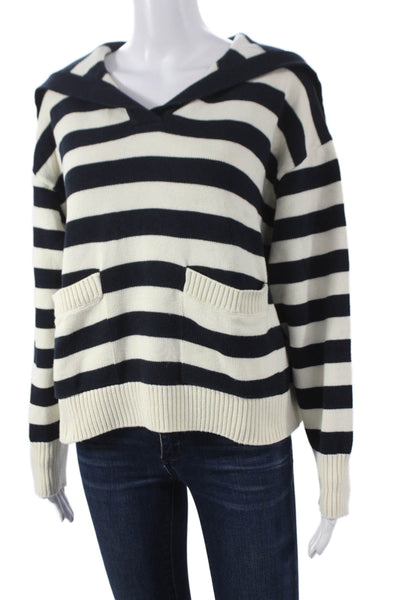 Zara Womens Striped V-Neck Cotton Pullover Sweater Black Long Sleeve Size S