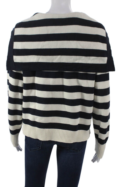 Zara Womens Striped V-Neck Cotton Pullover Sweater Black Long Sleeve Size S