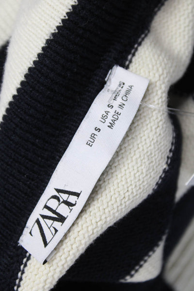 Zara Womens Striped V-Neck Cotton Pullover Sweater Black Long Sleeve Size S