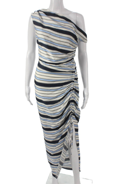 Veronica Beard Women Maxi Dress Blue Silk Striped One Shoulder Zip Size 2