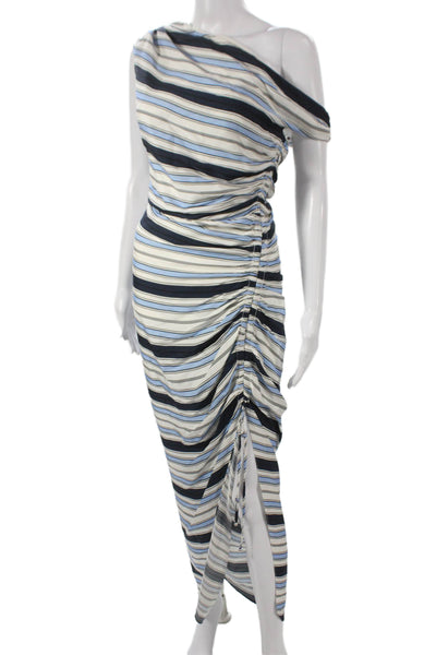 Veronica Beard Women Maxi Dress Blue Silk Striped One Shoulder Zip Size 2