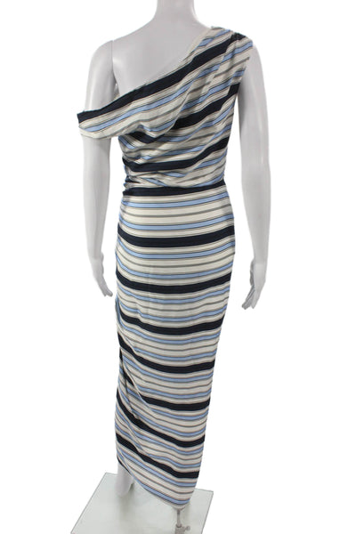 Veronica Beard Women Maxi Dress Blue Silk Striped One Shoulder Zip Size 2