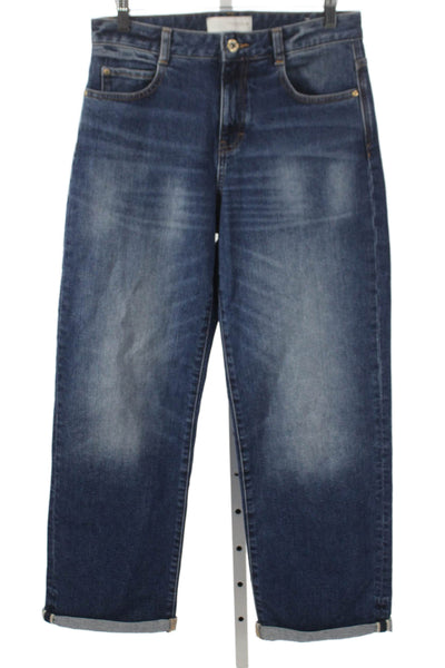 Zara Womens Cropped Mid-Rise Blue Cotton Jeans Button Closure Size 2