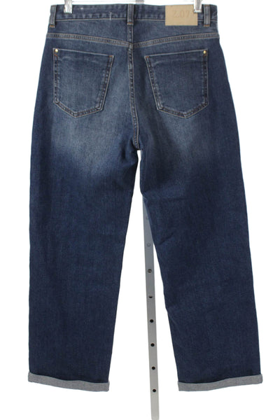 Zara Womens Cropped Mid-Rise Blue Cotton Jeans Button Closure Size 2