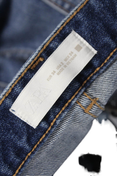 Zara Womens Cropped Mid-Rise Blue Cotton Jeans Button Closure Size 2