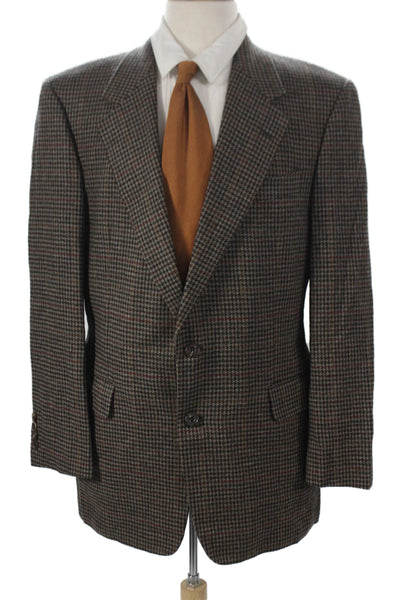 Hickey Freeman Mens Brown Lambswool Cashmere Check Blazer Button Size 40