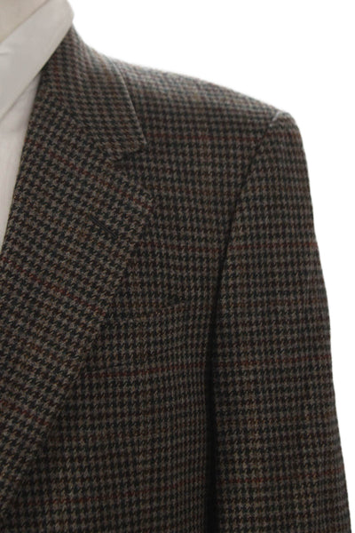 Hickey Freeman Mens Brown Lambswool Cashmere Check Blazer Button Size 40