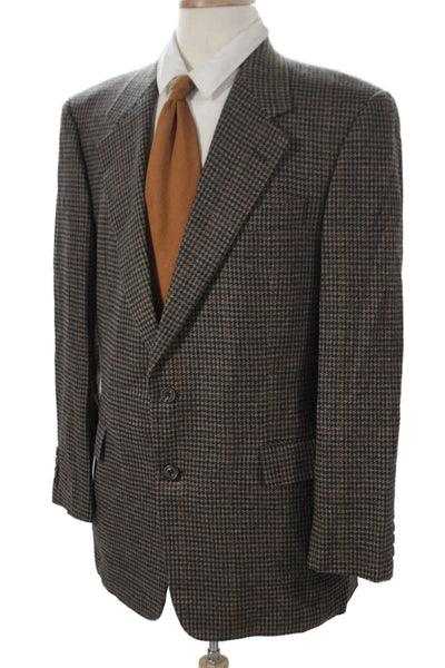 Hickey Freeman Mens Brown Lambswool Cashmere Check Blazer Button Size 40