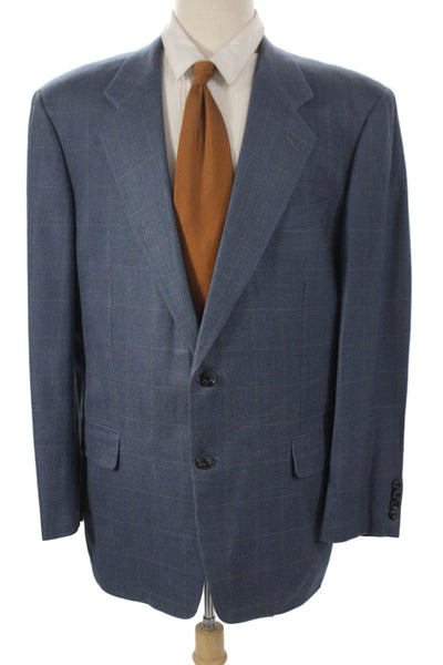 Hickey Freeman Men's Silk Plaid Blazer Buttoned Blue Size 42