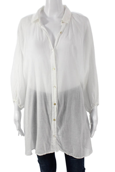 BOTEH Womens Tunic Blouse White Collared Cotton Voile Button Long Sleeve Size L