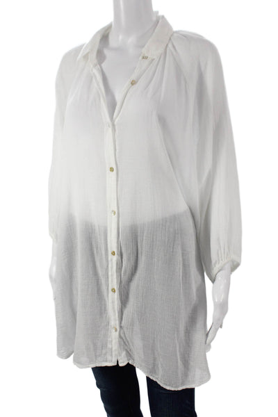 BOTEH Womens Tunic Blouse White Collared Cotton Voile Button Long Sleeve Size L