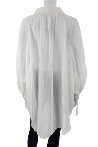 BOTEH Womens Tunic Blouse White Collared Cotton Voile Button Long Sleeve Size L