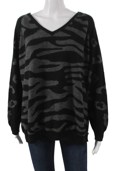 Jumper Womens Black Cashmere Animal Print V-Neck Long Sleeve Pullover Size 4