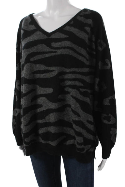 Jumper Womens Black Cashmere Animal Print V-Neck Long Sleeve Pullover Size 4