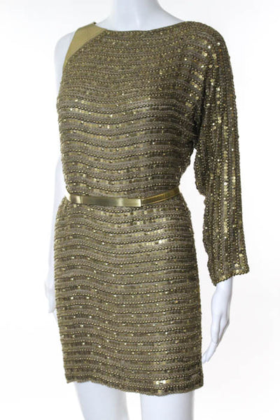 KaufmanFranco Metallic Gold Silk Beaded One Shoulder Dress Size 4 With Dust Bag