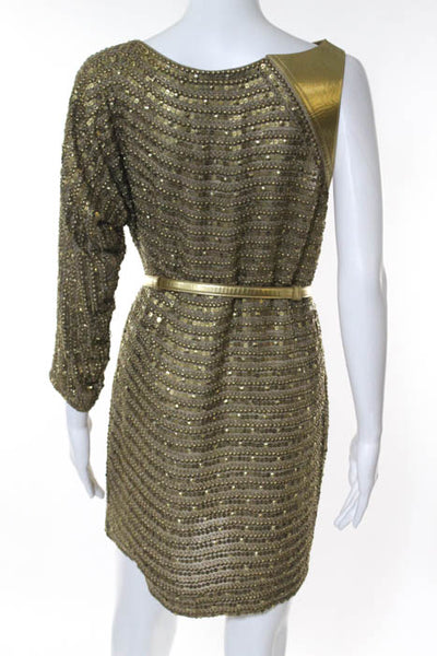 KaufmanFranco Metallic Gold Silk Beaded One Shoulder Dress Size 4 With Dust Bag