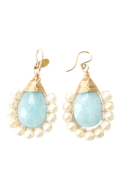 Beck Womens 14K Gold Plated Aquamarine+Pearl Wire Wrap Drop Earrings OS