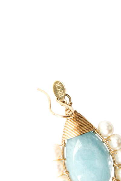 Beck Womens 14K Gold Plated Aquamarine+Pearl Wire Wrap Drop Earrings OS
