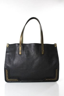 Tomas Maier Black Pebbled Leather Bronze Studded Trim Tote Shoulder Handbag