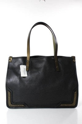 Tomas Maier Black Pebbled Leather Bronze Studded Trim Tote Shoulder Handbag