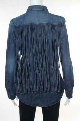 Blank NYC Blue Denim Fringed Back Button Down Shirt Size Small