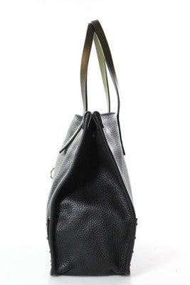 Tomas Maier Black Pebbled Leather Bronze Studded Trim Tote Shoulder Handbag
