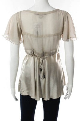 Stella McCartney For H&M Beige V-Neck Silk Short Sleeve Blouse Top Size 36
