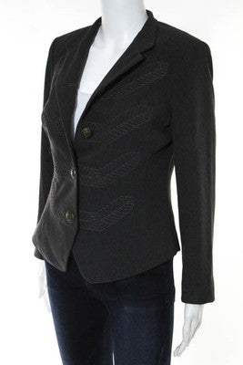 Cabi Brown Wool Knit Detail Button Down Long Sleeve Crew Neck Blazer Size 4