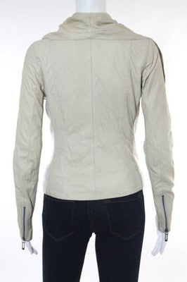 Vince Ivory Leather Zipper Detailed Collared Jacket Coat Size Extra Small