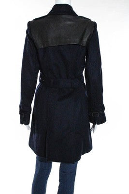 Cabe Blue Navy Wool Belted Leather Trim Embellished Button Front Peacoat Size 6