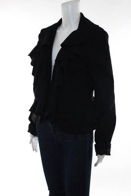 Bensoni Black Wool Long Sleeve Ruffle Trim Open Front Jacket Size 6