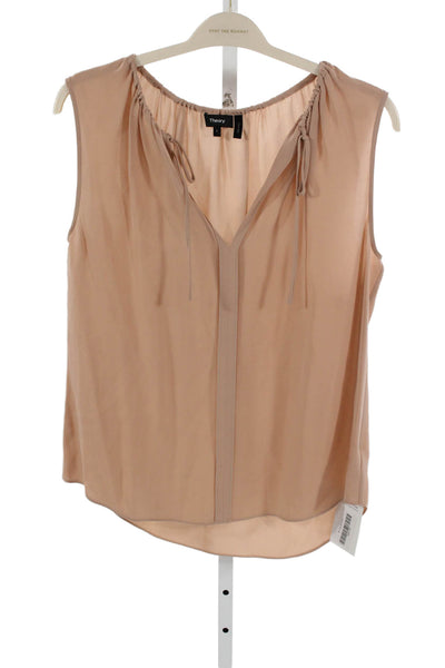 Theory Women Basic Silk V-Neck Sleeveless Blouse Pink Size L