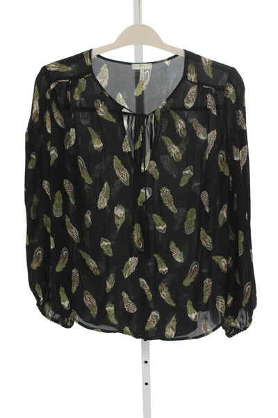 Joie Women Silk Animal Print V-Neck Long Sleeve Blouse Black Size M